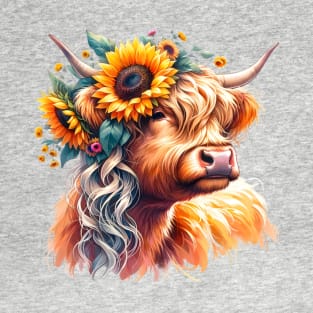 Highland Cow with Sunflower Crown T-Shirt